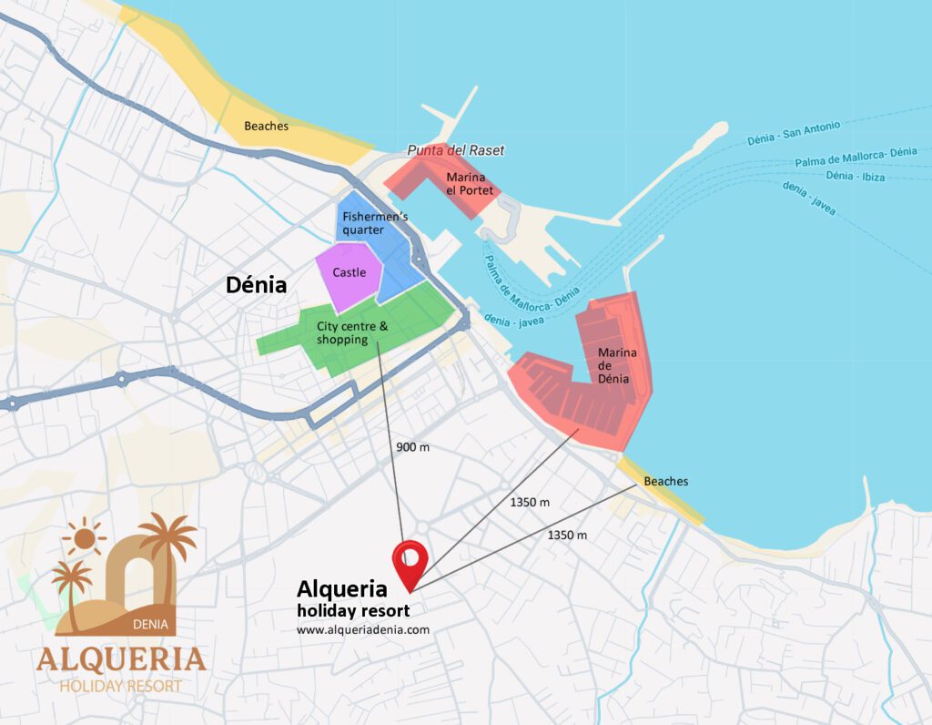 Map of denia with location of Alqueria holiday apartments